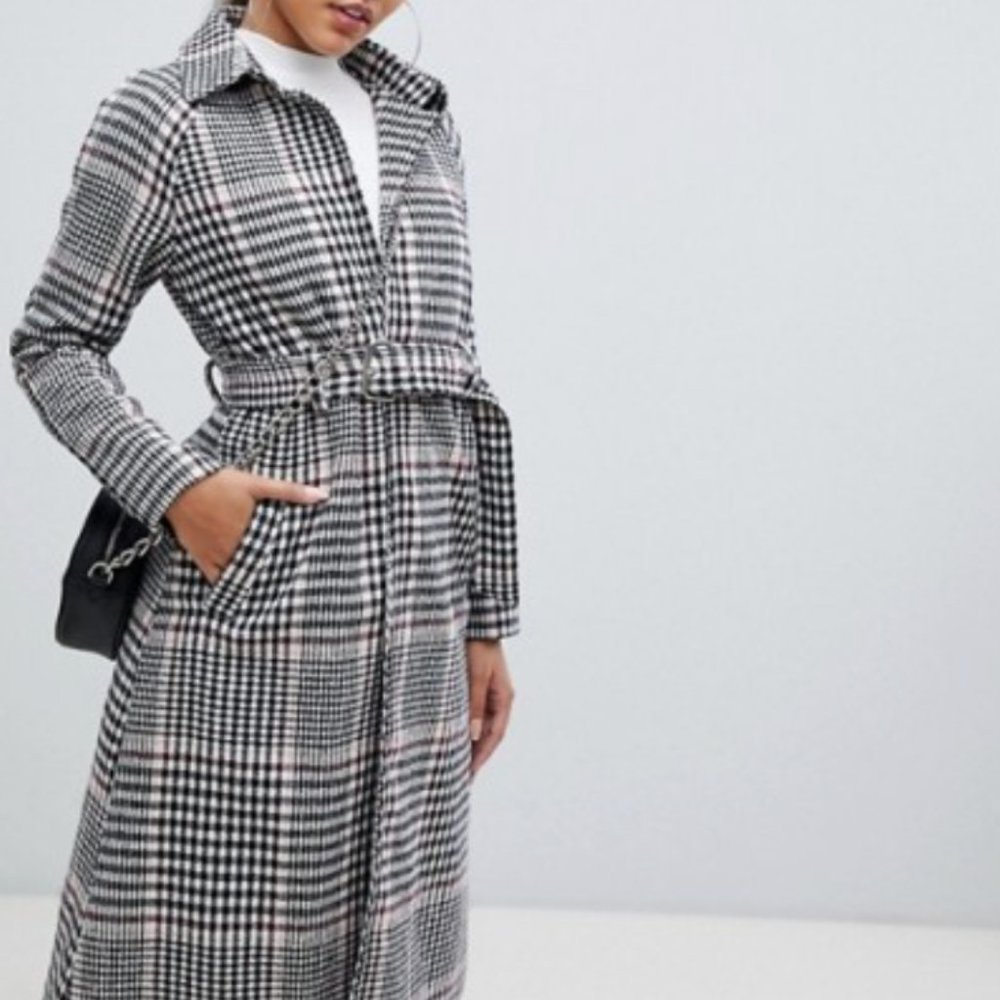 PrettyLittleThing longline belted coat in check